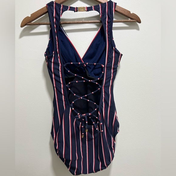 LAUREN Ralph Lauren Navy Striped Tie-back Women’s One-piece Swimsuit, Small - Picture 2 of 8